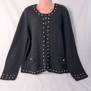 Nine West Women's Faux Pearls Embossed Charcoal Sweater/Cardigan Size 3X